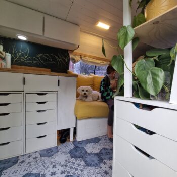The inside of a small housebus, showing drawers, a bench, a couch with yellow cushions, and some plants.